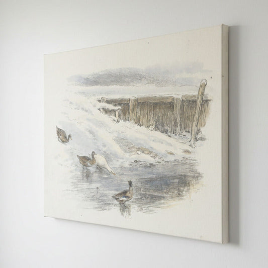 Canvas print of a winter landscape with ducks on a lake, mounted on a white wall.