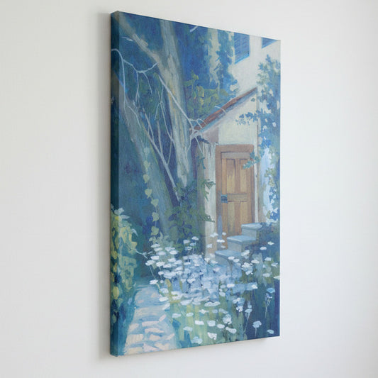 Painting of a garden scene with a wooden door and plants on a white wall.