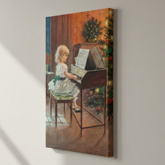 Painting of a young girl playing a piano in a festive room with Christmas decorations.