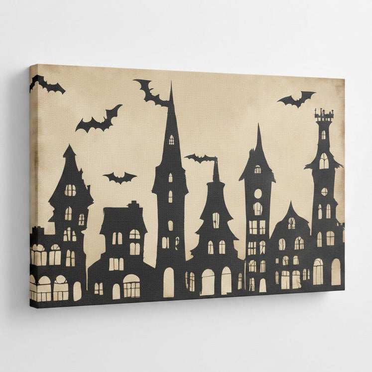 Canvas wall art of halloween theme black buildings with bats flying overhead. black building shadows with a beige background. 