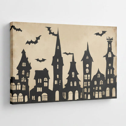 Canvas wall art of halloween theme black buildings with bats flying overhead. black building shadows with a beige background. 