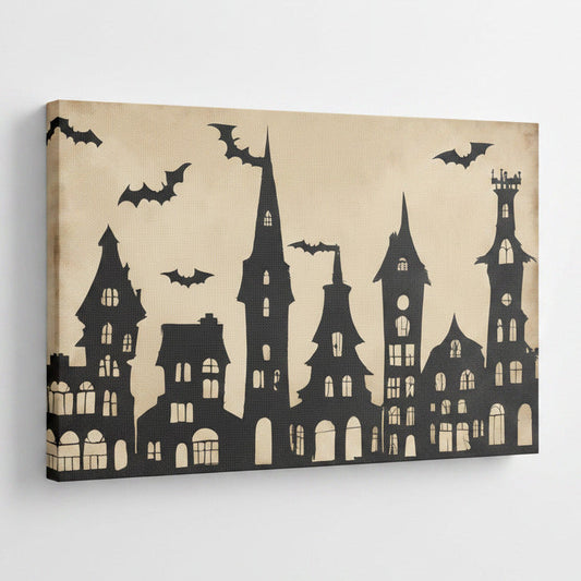Canvas wall art of halloween theme black buildings with bats flying overhead. black building shadows with a beige background. 