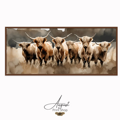 A watercolour painting of a highland cow herd. Featuring 6 highland cows in neutral colors.