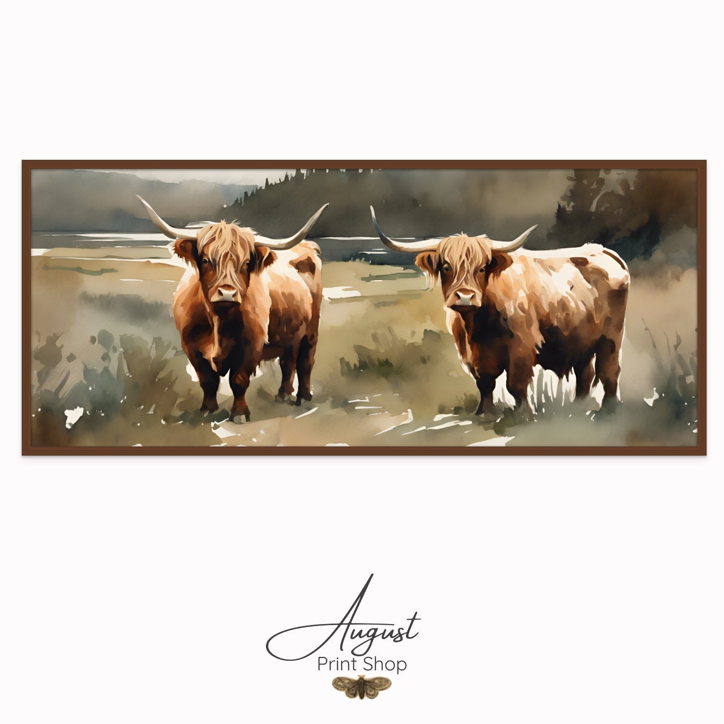 soft watercolor painting of two highland cow sisters neutral colors