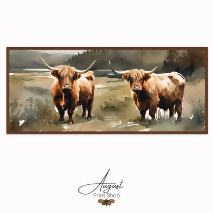 soft watercolor painting of two highland cow sisters neutral colors