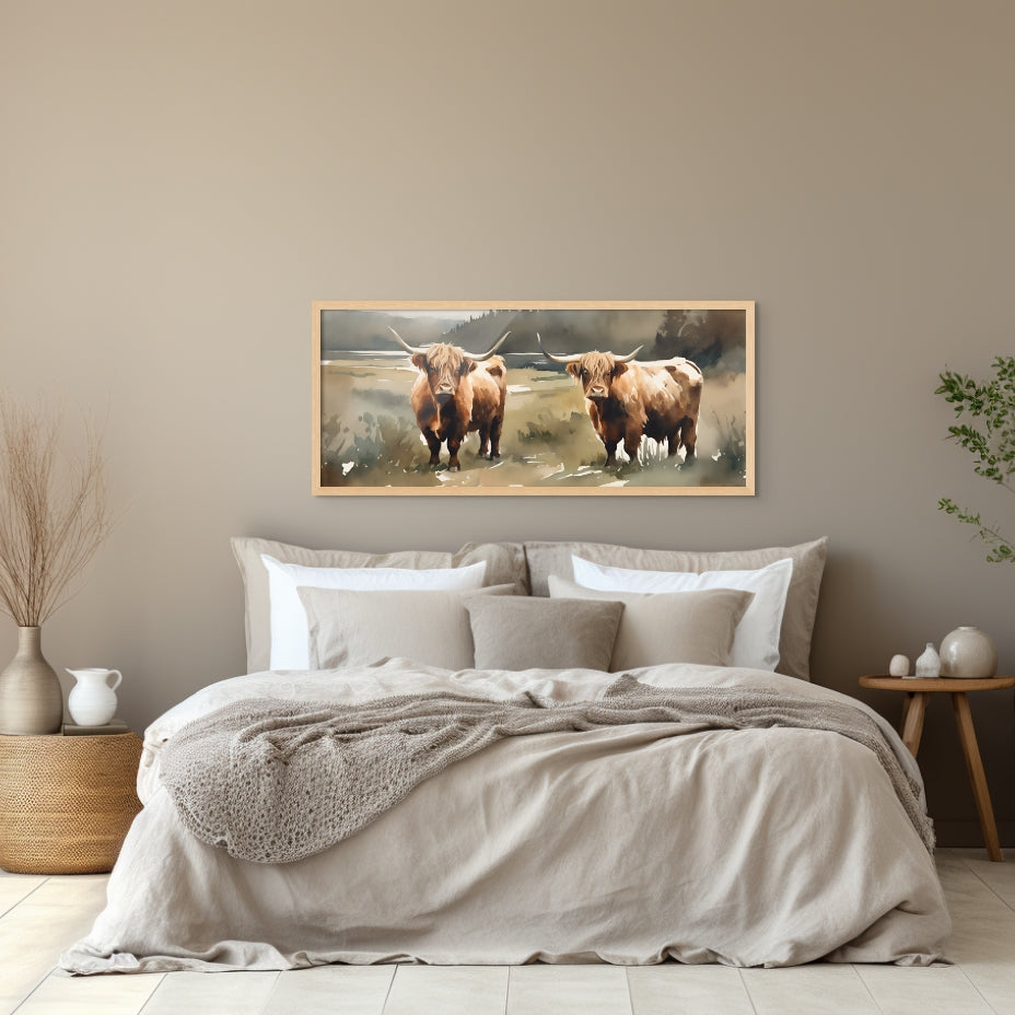 soft watercolor painting of two highland cow sisters neutral colors ready to hang options