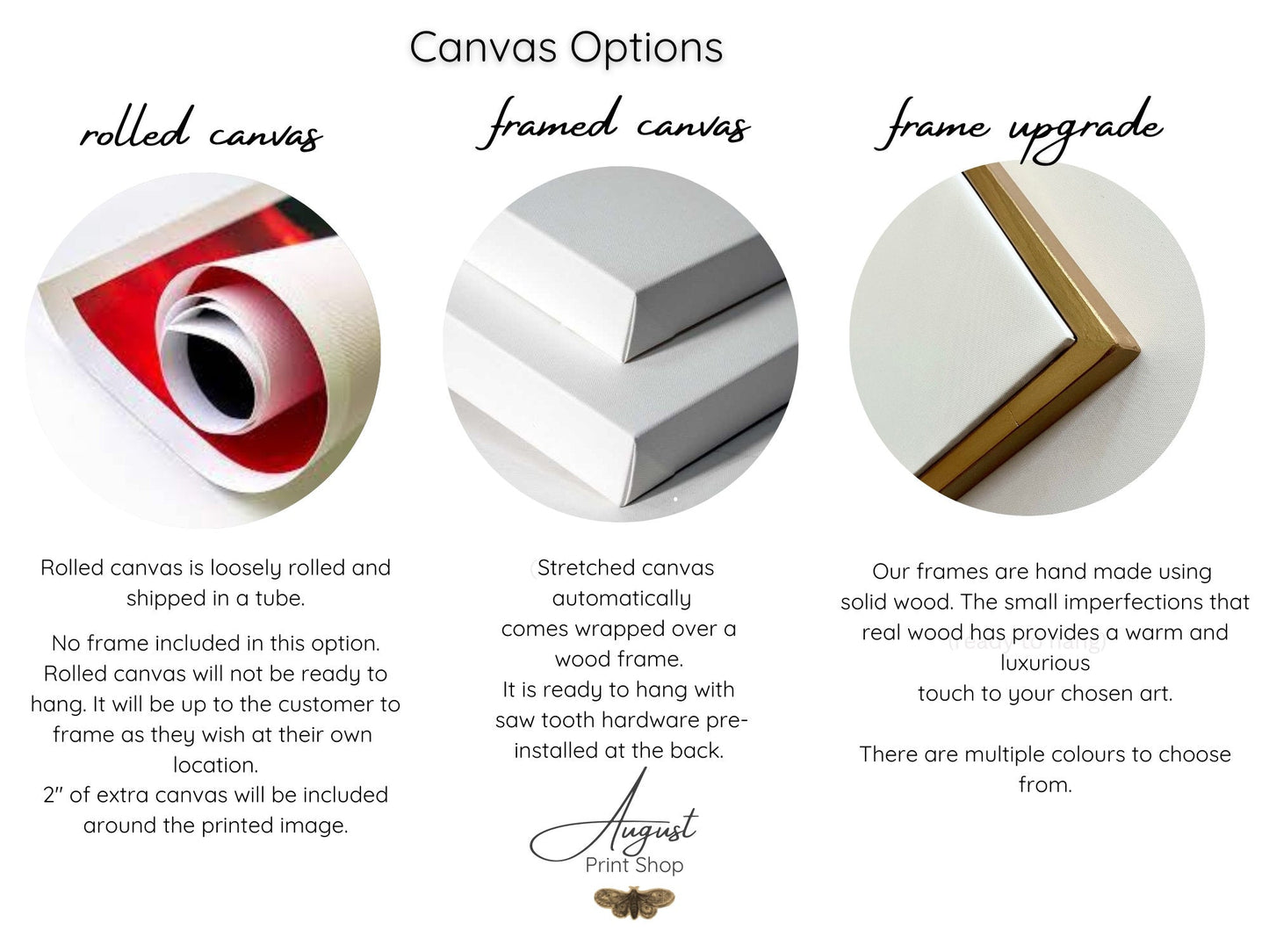 Customer options for canvas include rolled, framed, optional frame upgrade. 