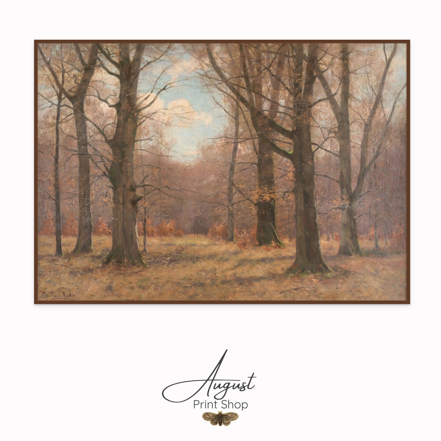 Framed artwork of a forest scene with trees and a clear sky, featuring the 'August Print Shop' logo.