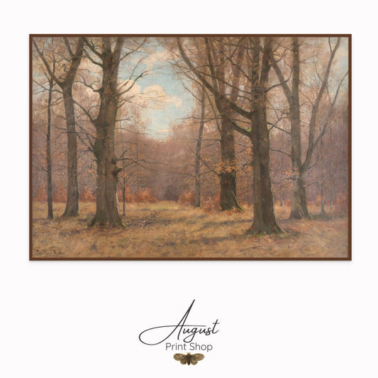 Framed artwork of a forest scene with trees and a clear sky, featuring the 'August Print Shop' logo.