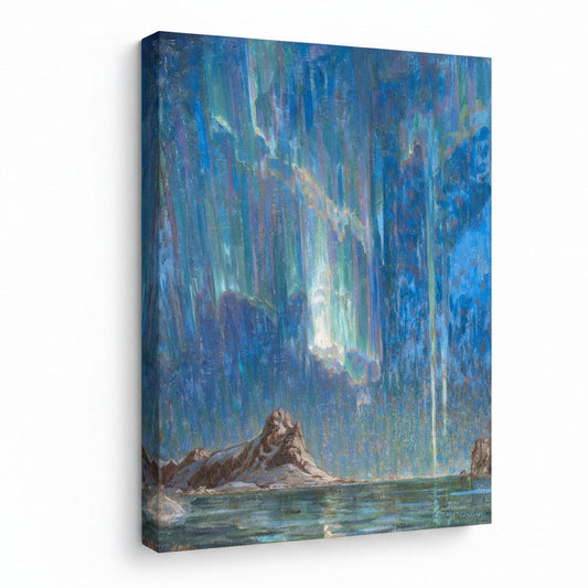 Canvas print of a mountain landscape with a vibrant, abstract sky.