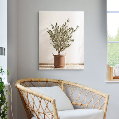 A unique photograph print on canvas of and olive tree in a terracotta color pot with handles. Featuring a bright and sunny background. Displayed over a wicker chair on a grey wall.