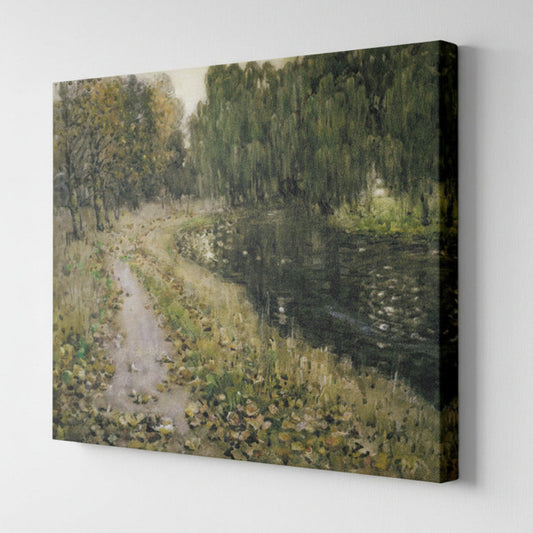 Canvas print of a landscape painting with a path and trees on a white wall.