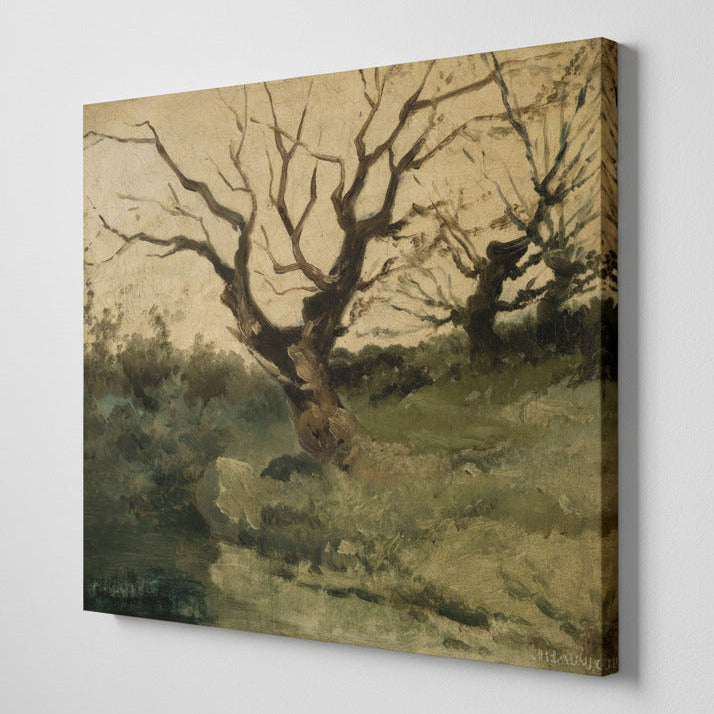 Painting of a landscape with trees and grass on a beige background