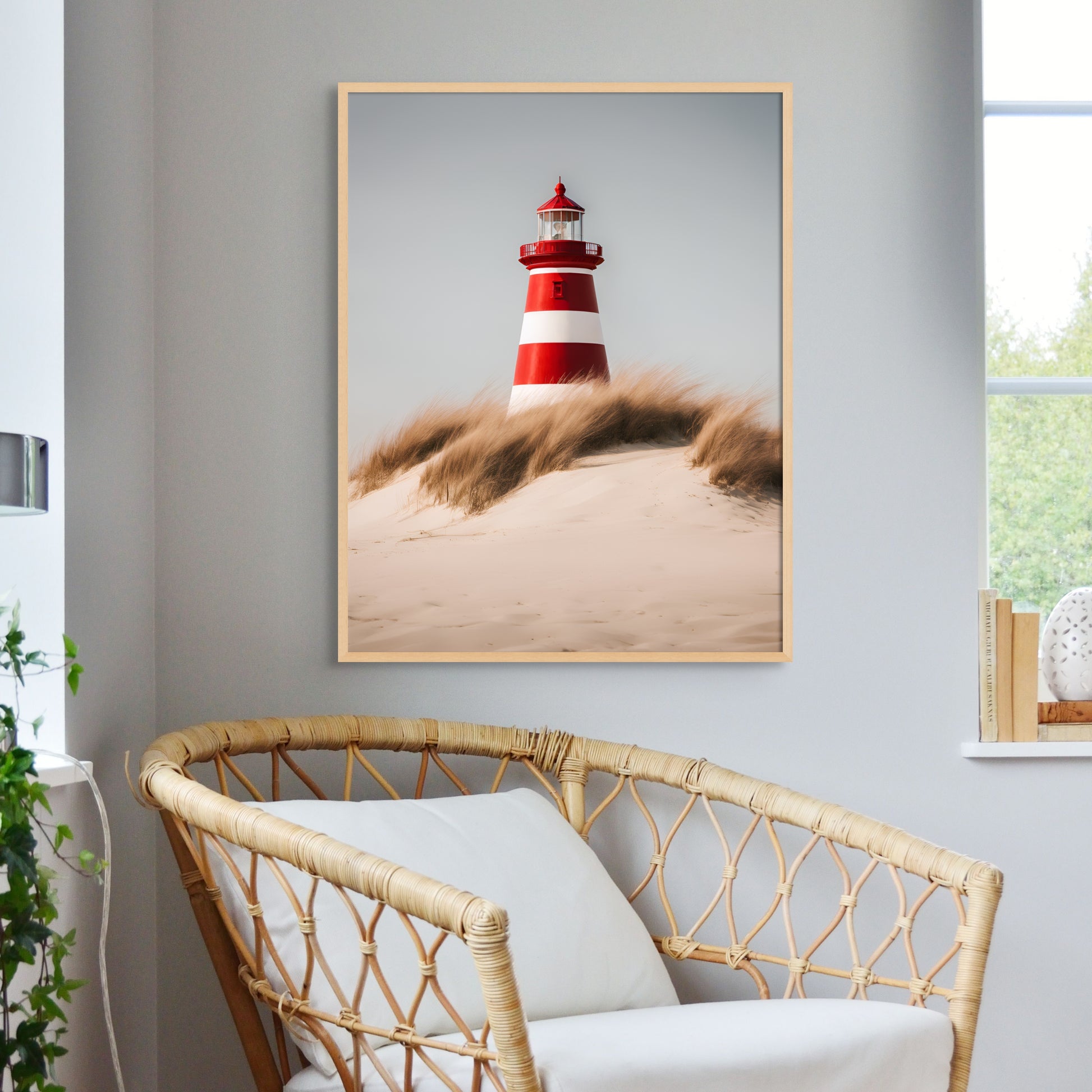 a red and white lighthouse from a view in the sand dunes. Featuring wind blown beach grass and a bright sunny day. Displayed above a wicker chair with white cushions.
