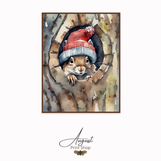 Illustration of a squirrel wearing a red and blue hat inside a tree hole, with 'August Print Shop' branding.