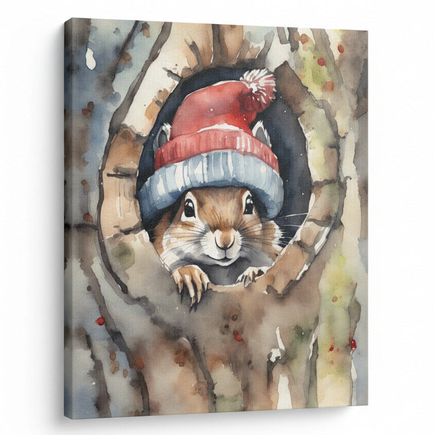 Illustration of a squirrel wearing a red and blue hat inside a tree hole, with 'August Print Shop' branding.