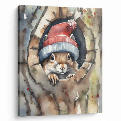 Illustration of a squirrel wearing a red and blue hat inside a tree hole, with 'August Print Shop' branding.
