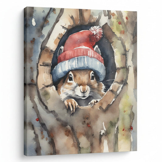 Illustration of a squirrel wearing a red and blue hat inside a tree hole, with 'August Print Shop' branding.