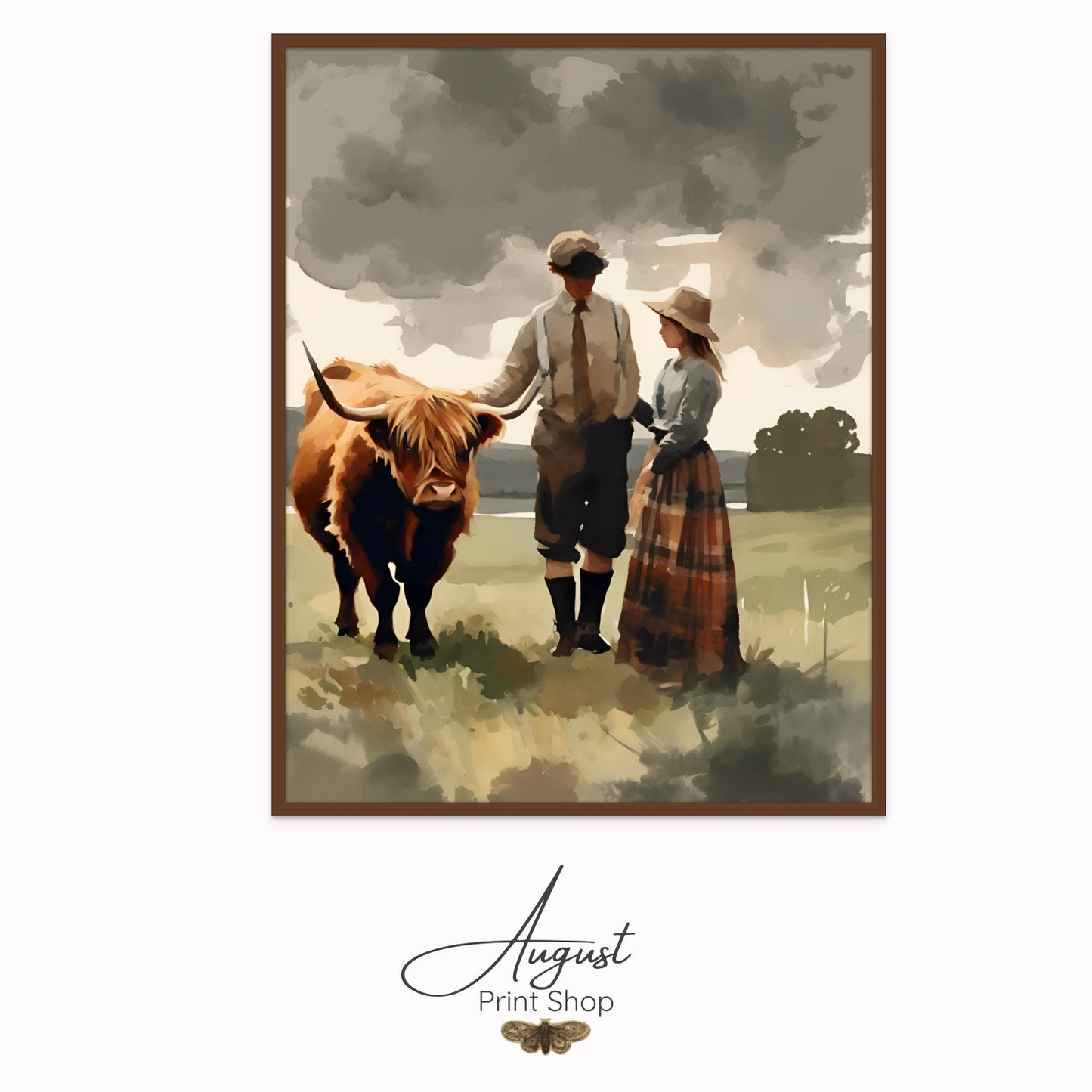 A Scottish styled couple stand in a field next to their highland cow done as a Print on Canvas. Fall tones.