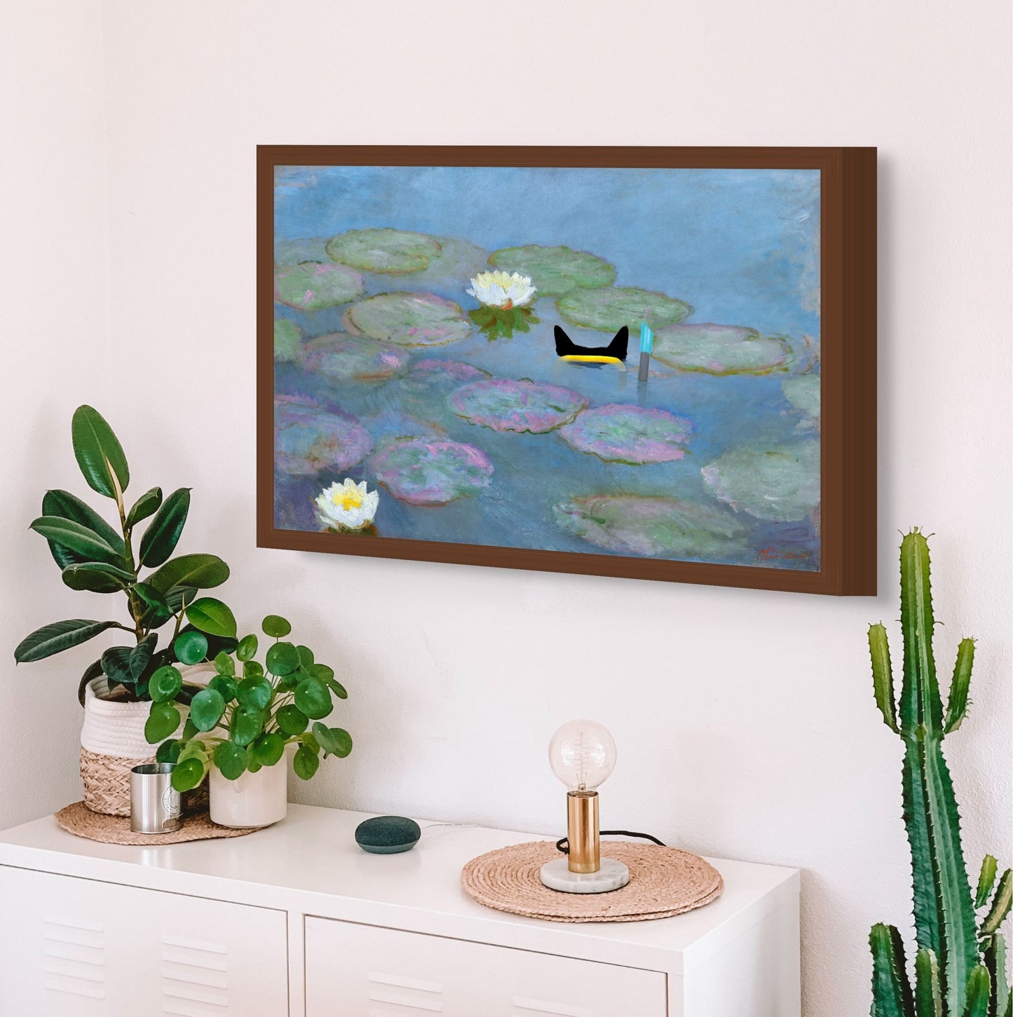 Monet’s Water Lilies with Snorkeling Black Cat Canvas