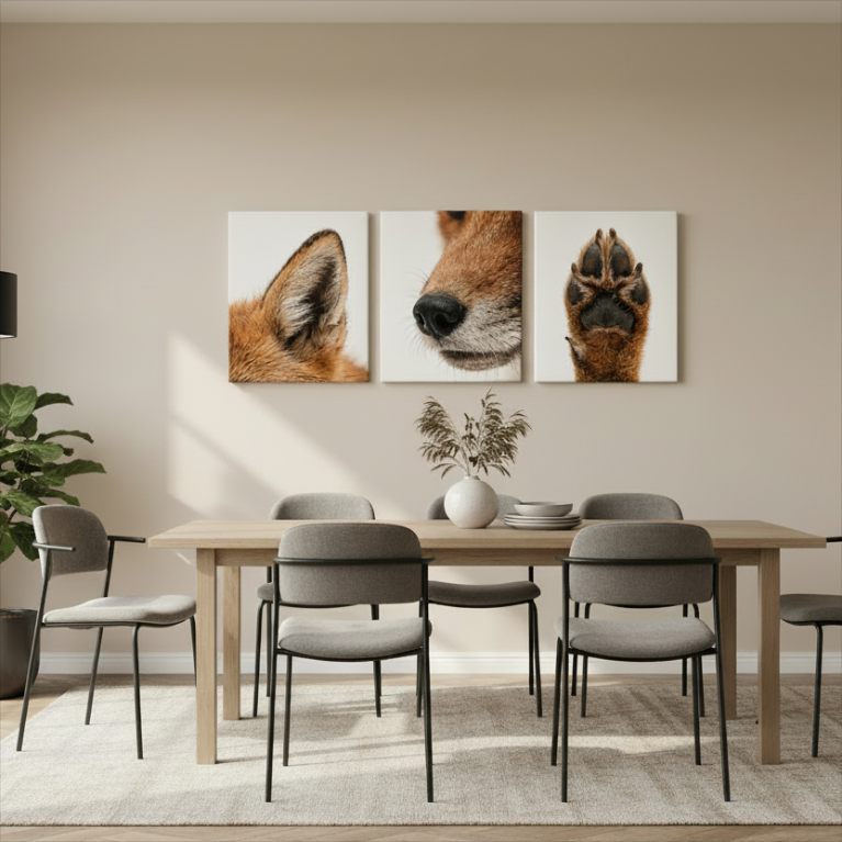 A three-panel canvas wall art set depicting a close-up of a fox, its nose, and a paw print, displayed above a wooden dining table with gray chairs in a modern dining room.