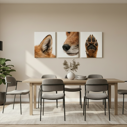 A three-panel canvas wall art set depicting a close-up of a fox, its nose, and a paw print, displayed above a wooden dining table with gray chairs in a modern dining room.