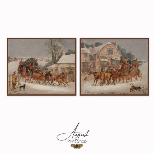 Two framed paintings of horse-drawn carriages in a snowy village scene, with 'August Print Shop' logo.