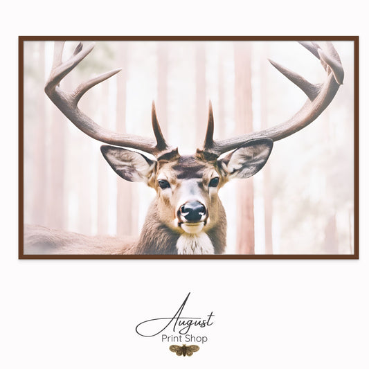 A unique artwork of a deer with long antlers in soft, neutral colors. The background is a light color redwood forest. 