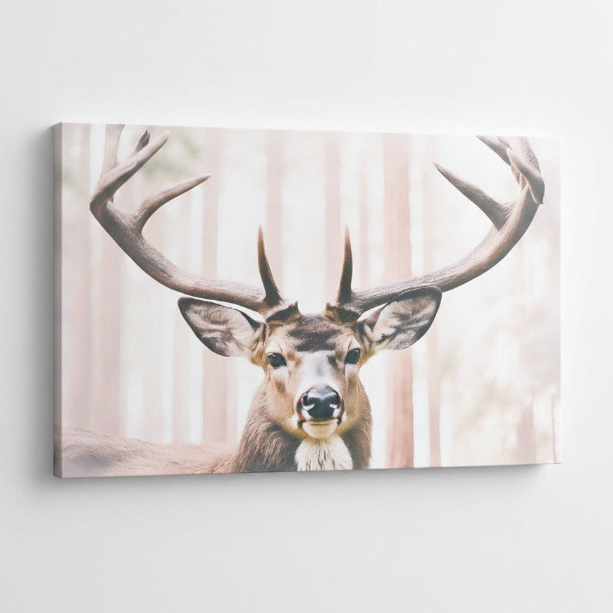 A unique artwork of a deer with long antlers in soft, neutral colors. The background is a light color redwood forest. 