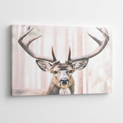 A unique artwork of a deer with long antlers in soft, neutral colors. The background is a light color redwood forest. 