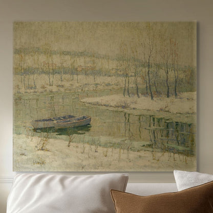 Sofa with decorative pillows and a painting of a landscape with a boat on the wall.