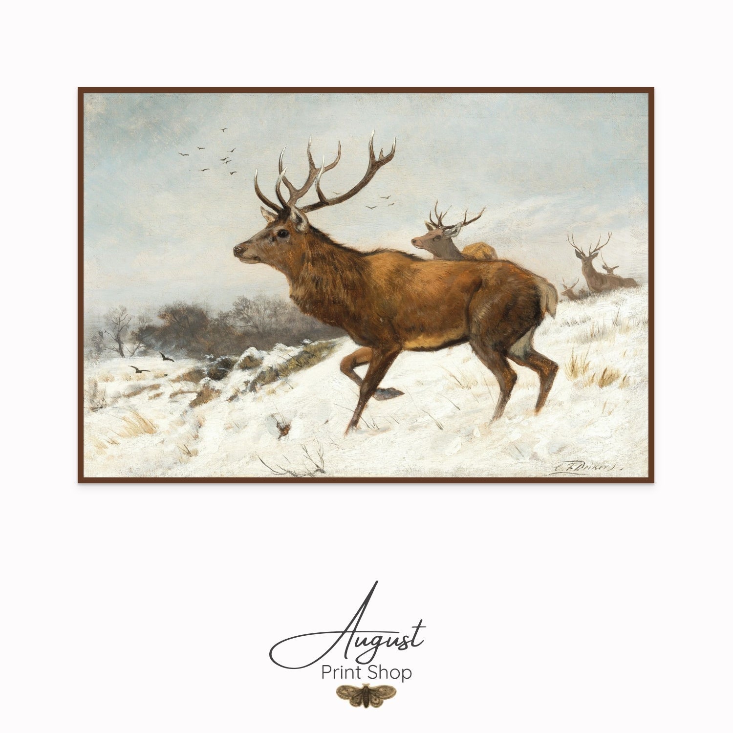 Framed artwork of deer in a snowy landscape with 'August Print Shop' branding.
