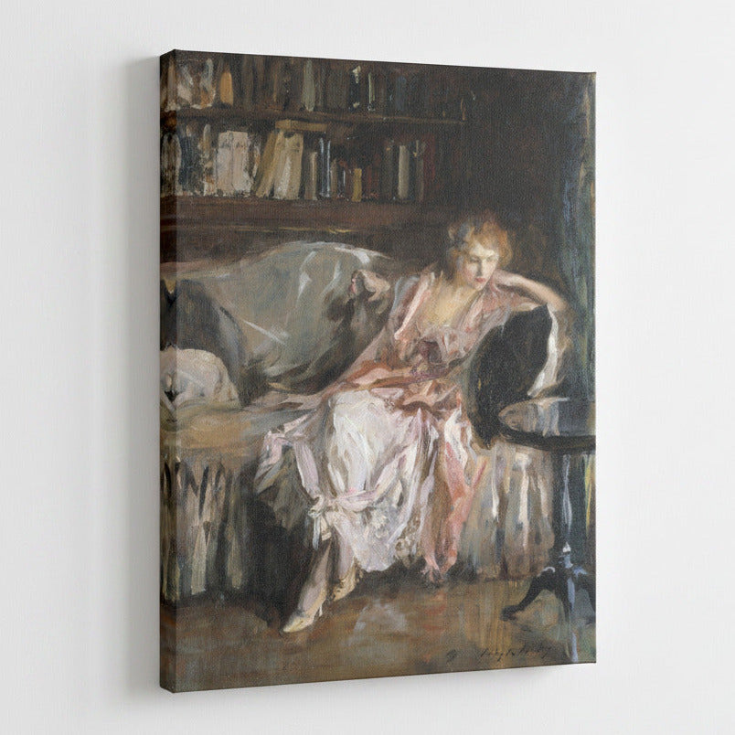 Canvas print of a painting featuring a woman in a room with books and furniture.