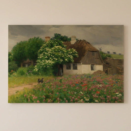 Painting of a thatched-roof house with a garden and dog on a wall.