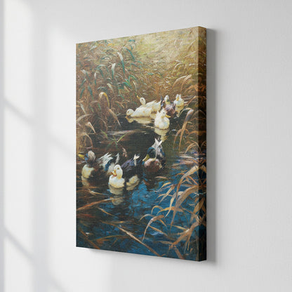 Canvas print of a painting depicting ducks in a pond with reeds.