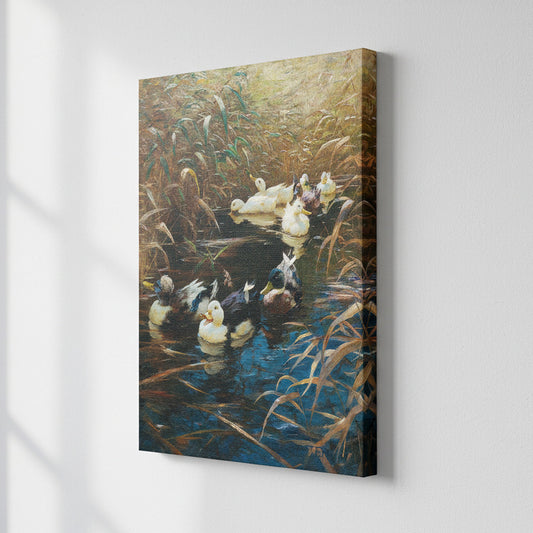 Canvas print of a painting depicting ducks in a pond with reeds.