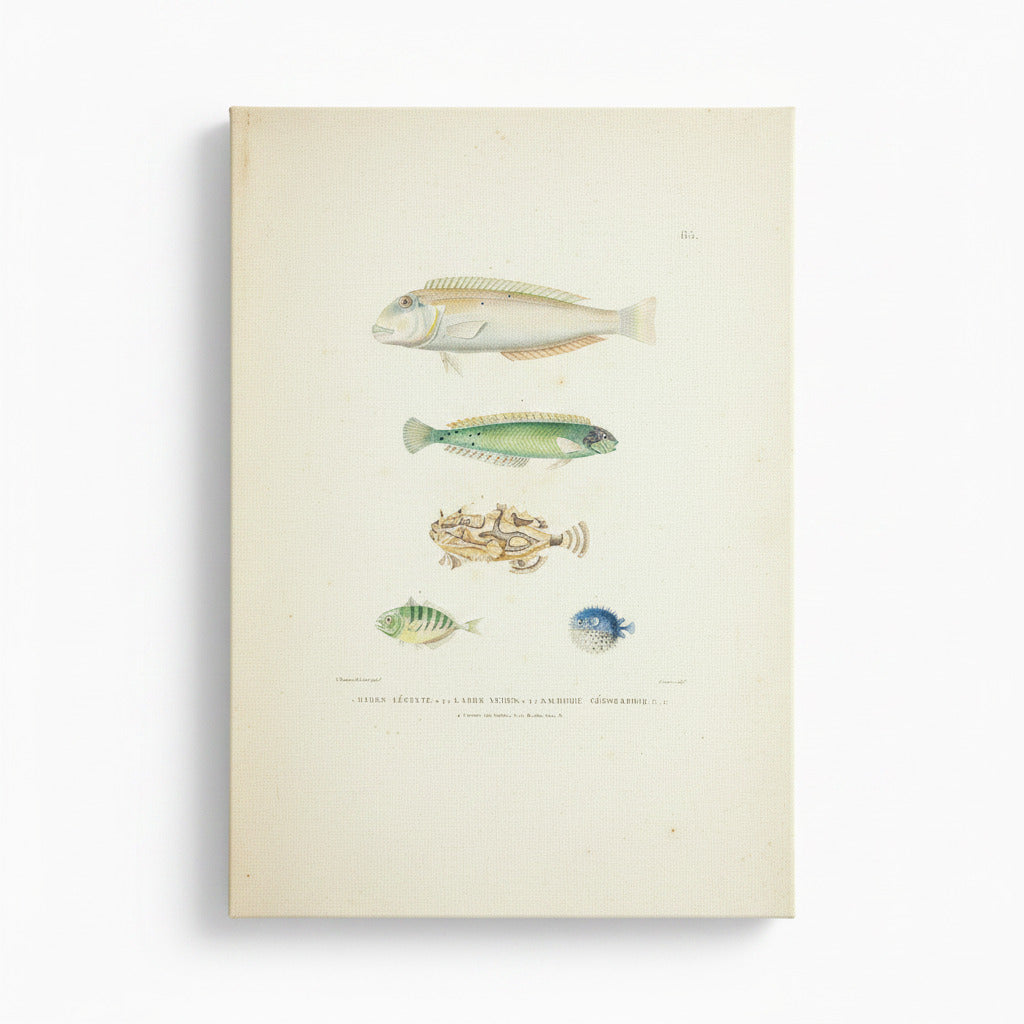 Illustration of various fish on a beige background