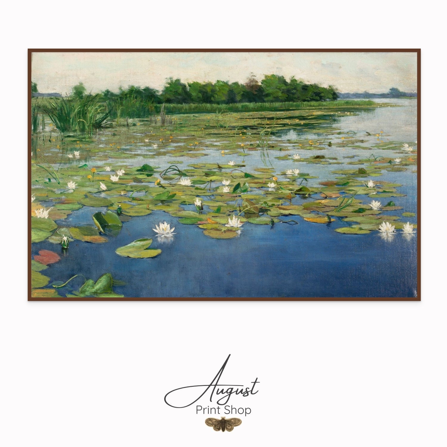 Painting of a pond with water lilies and greenery, featuring the 'August Print Shop' logo.