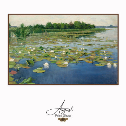Painting of a pond with water lilies and greenery, featuring the 'August Print Shop' logo.