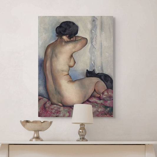 Artistic depiction of a nude figure with a cat on a wall above a table.
