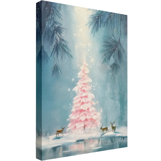 Festive winter scene with a pink Christmas tree, deer, and snow-covered ground.