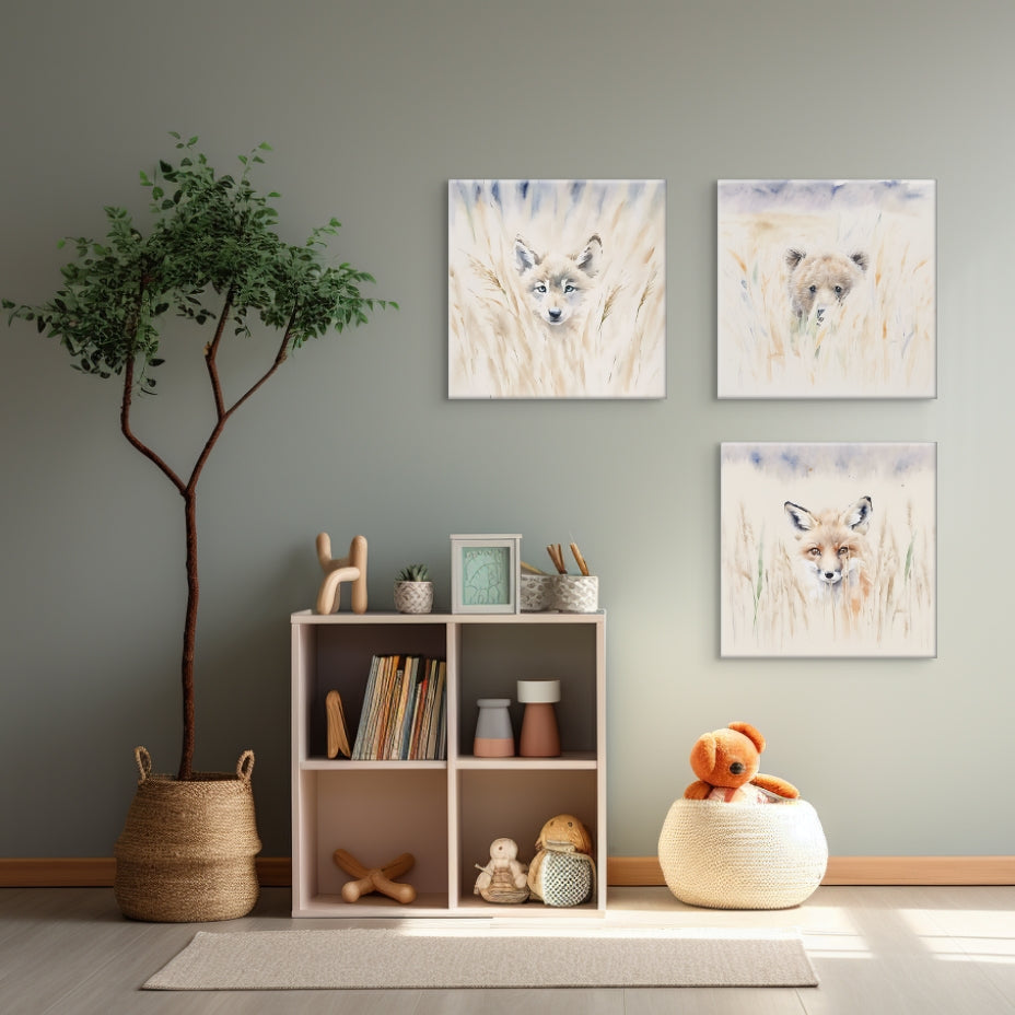 A soft and adorable watercolour painting style print on canvas of a red fox kit hiding in the tall, pale grass. has matching series of art including a wolf pup and a bear cub.