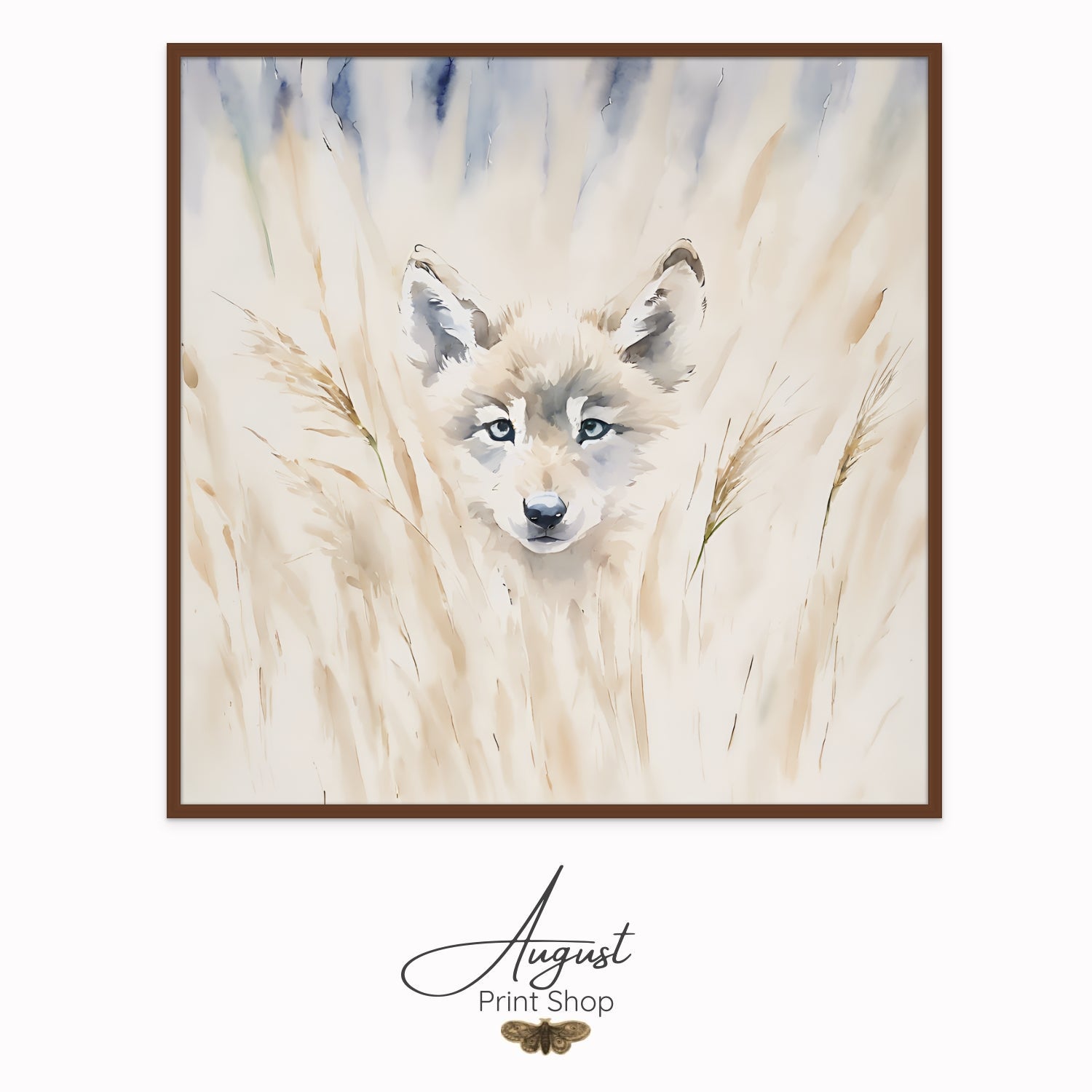 A soft and adorable watercolour painting style print on canvas of a brown bear cub hiding in the tall, pale grass.