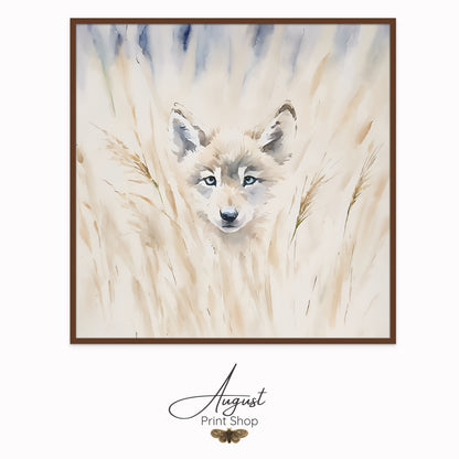 A soft and adorable watercolour painting style print on canvas of a brown bear cub hiding in the tall, pale grass.