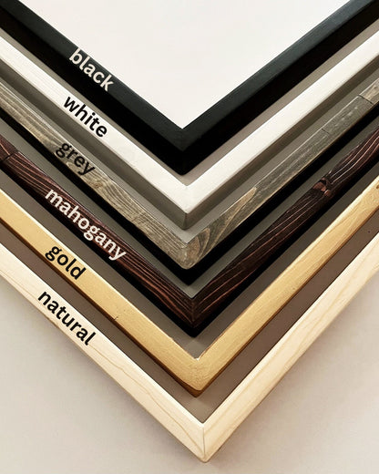 custom solid wood frame colors include black, white, grey, mahogany, gold and natural
