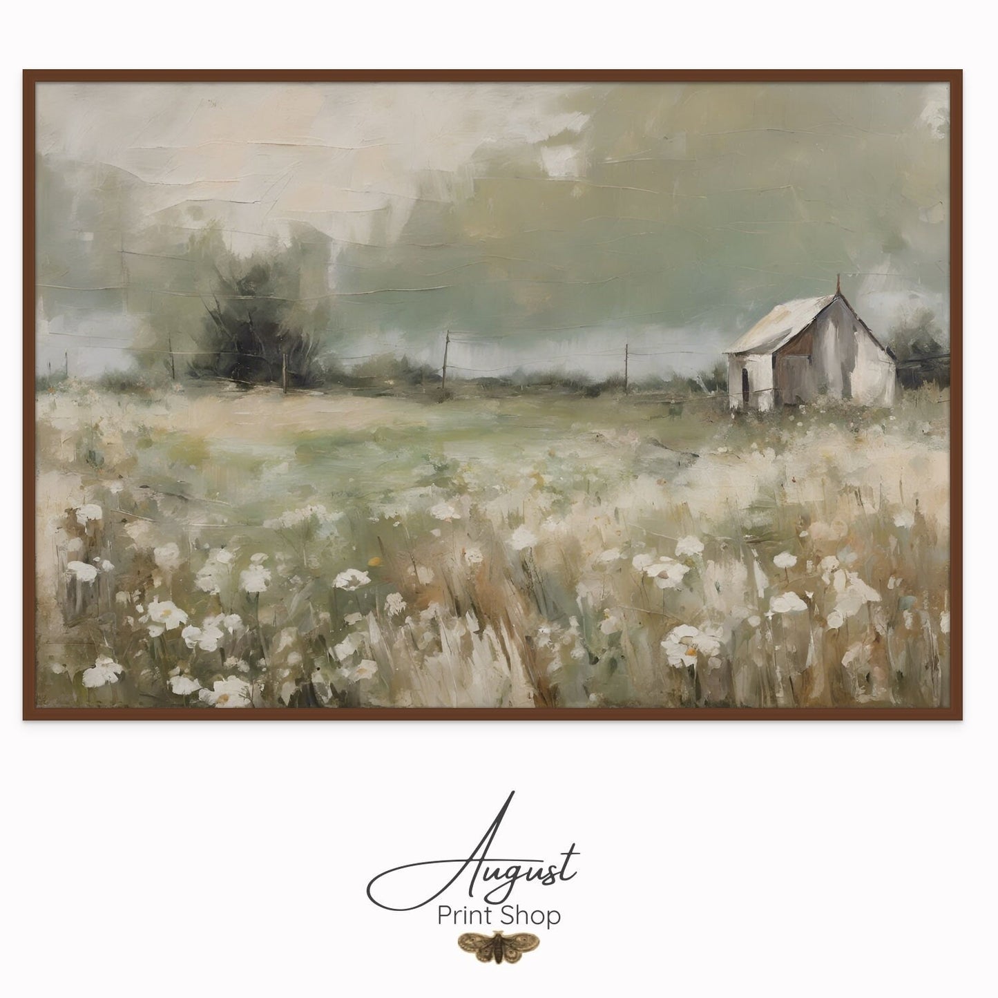 Artwork of a Blooming Field painting with muted tones and an old grey barn off to the right side. Features soft greens, beige, white  and muted tones.