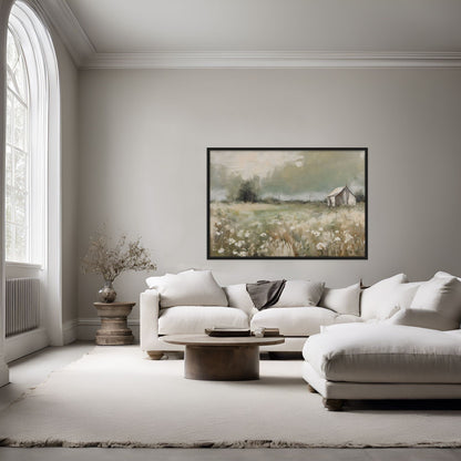 Blooming field artwork displayed above a white couhch. The white flowers in the art accents the couch.