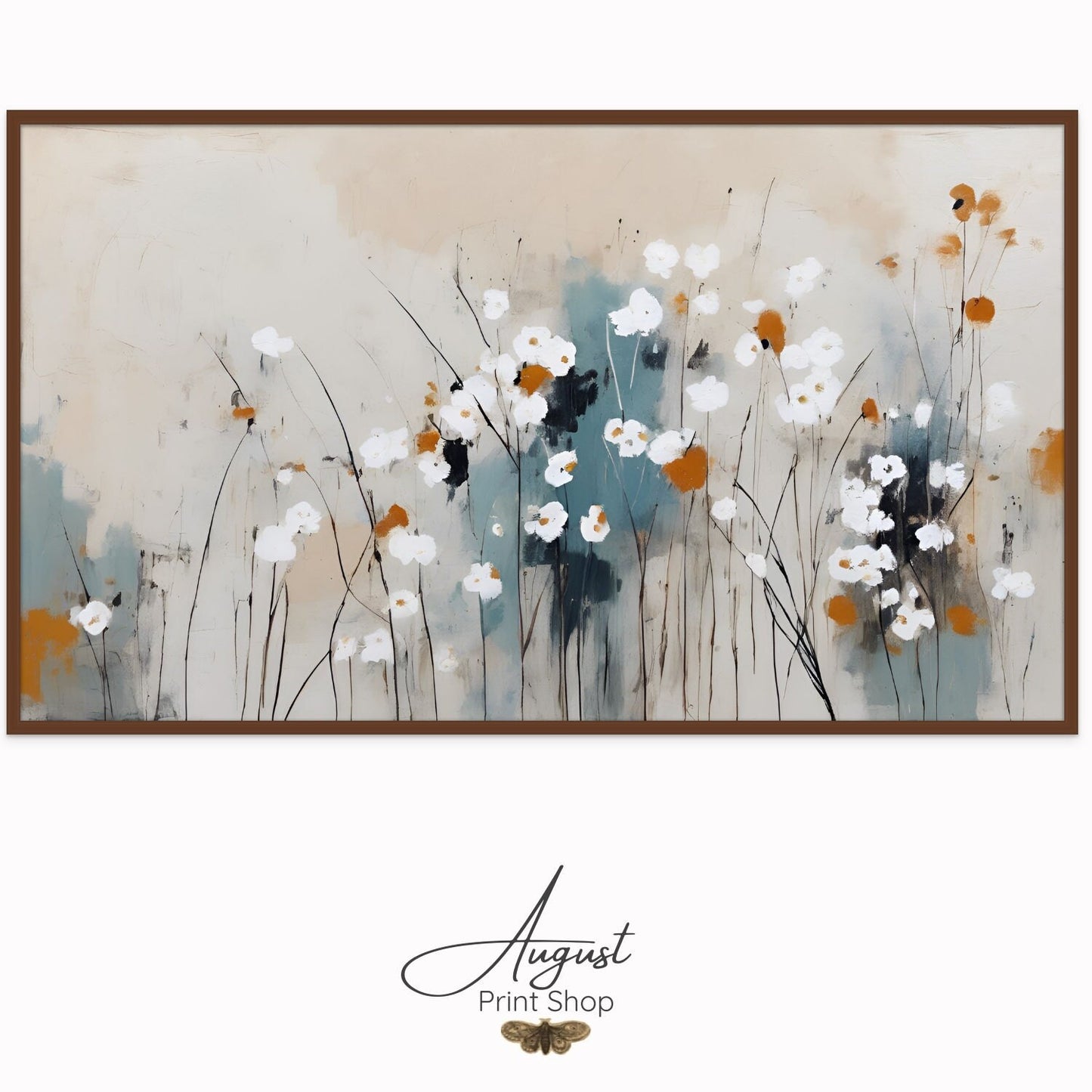 Artwork named Blossoms of Simplicity vintage style botanical simple flowersart piece. Featuring blue, burnt orange, and white tones with a neutral background