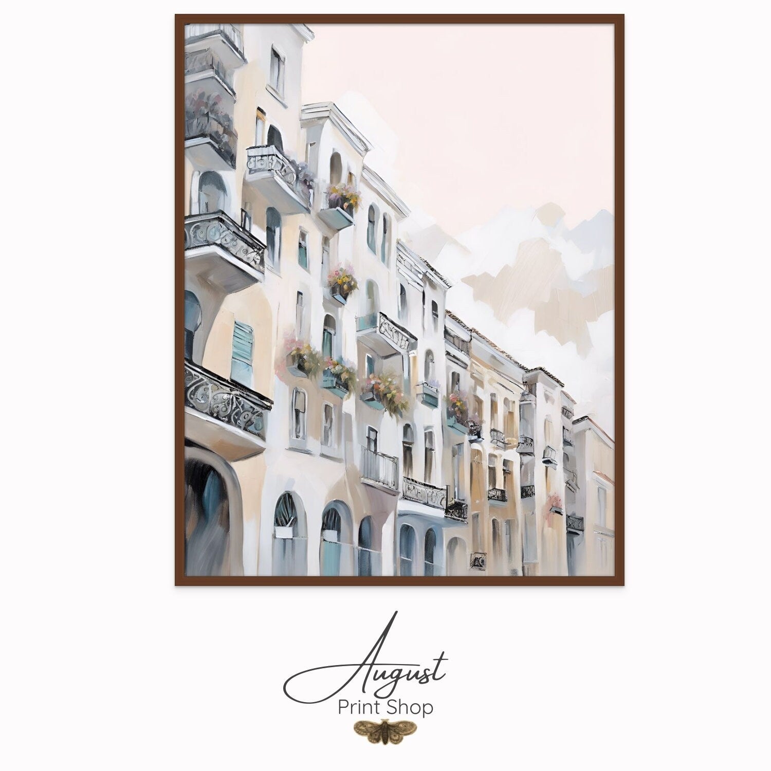 A vintage style artwork of blooming flower balconies in the spring time. Featuring soft colors and a calming fresh white buildings