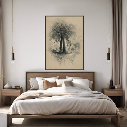 Beyond the splitrail fence artwork displayed over a bed with white sheets and soft medium wood frame.